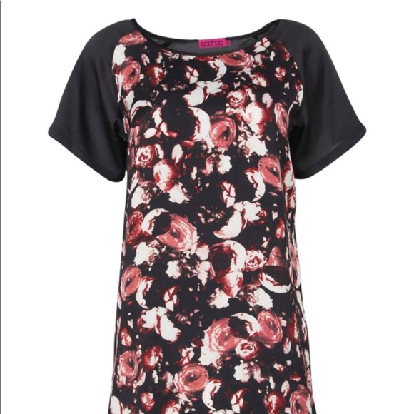Boohoo Short Sleeve Black Pink Floral Mini Dress Cover Up XS 2 - Picture 3 of 7